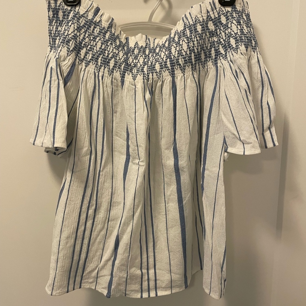 1. State Blue and White Smocked Off-Shoulder Blouse